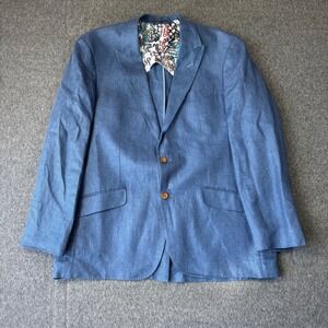 Robert Graham Mens Blue Linen Blazer Sport Coat Classic Fit 44 Peak Lapel